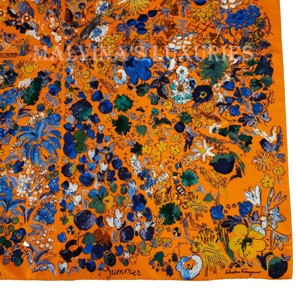 SALVATORE FERRAGAMO SCARF SIGNATURE FLOWER SEASON MULTICOLOR PRINT SILK 35" - Picture 7 of 14